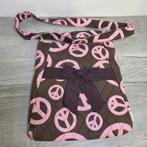 Belvah Quilted Crossbody Bag Brown Pink Peace Sign Bow Adjustable Strap